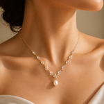 Load image into Gallery viewer, Gold Pearl Drop Necklace with Marquise Cut Crystal Accents