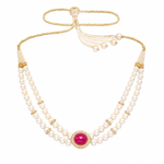 Load image into Gallery viewer, Double Strand Pearl Necklace with Ruby Center Pendant