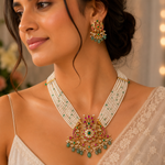 Load image into Gallery viewer, Traditional Pearl Kundan Necklace Set with Green Stone Drops