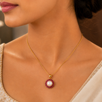 Load image into Gallery viewer, Ruby Pearl Gold Pendant Set with Stud Earrings