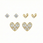 Load image into Gallery viewer, Heart & Solitaire Stud Earrings Combo | 925 Gold Plated Sterling Silver Set of 3