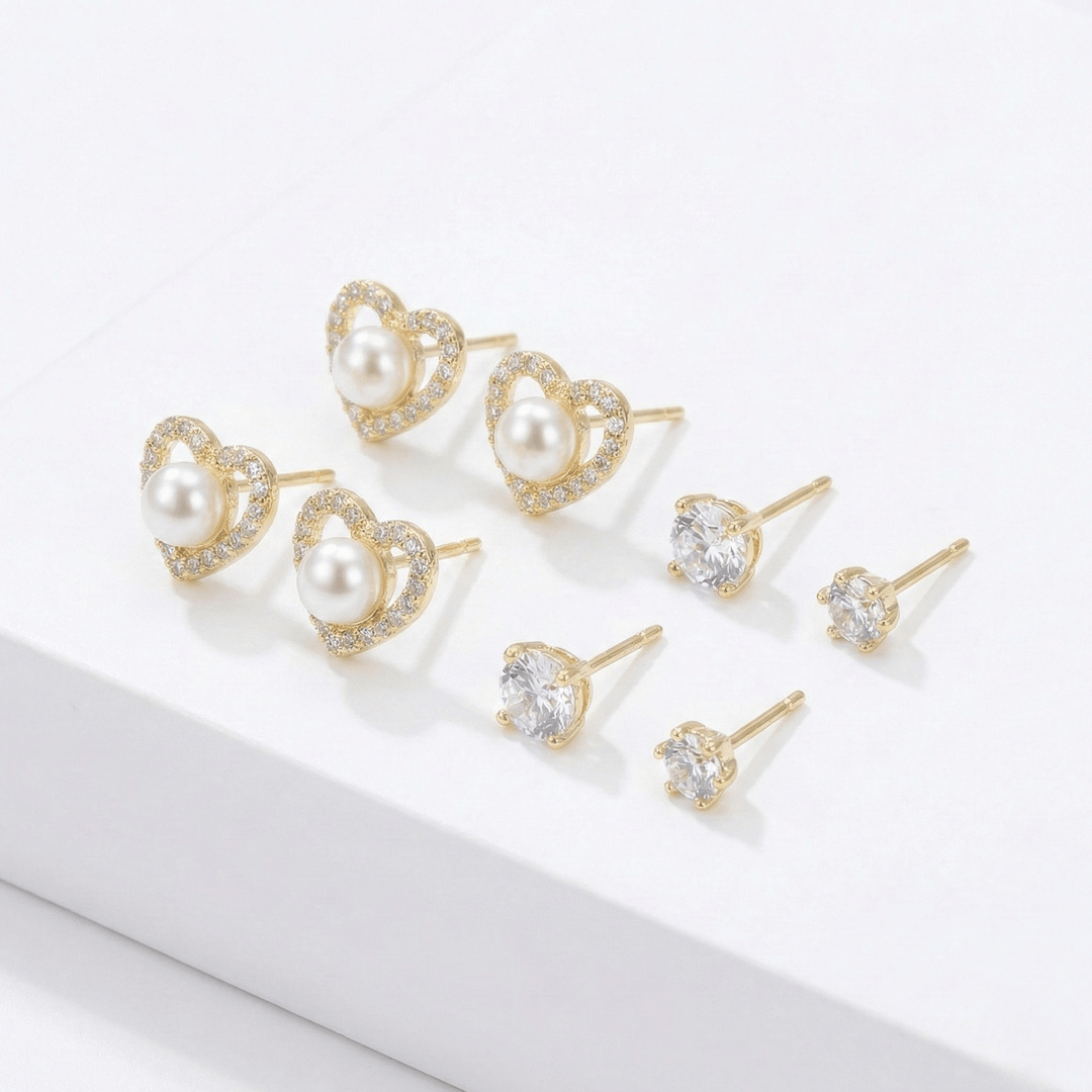 999 Pure Silver Earrings Combo Set | Heart Pearl & Solitaire Stud Collection