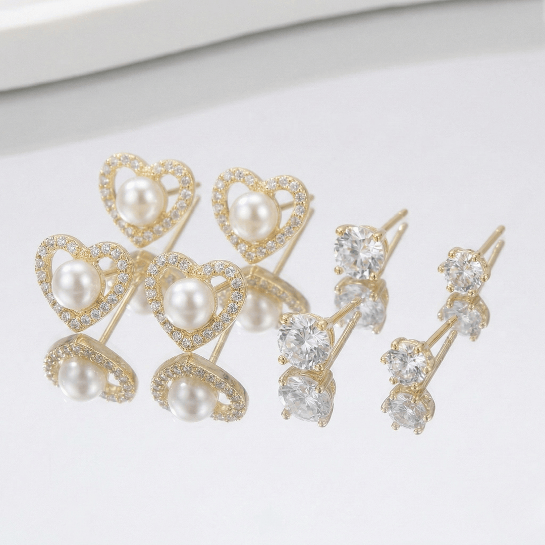 999 Pure Silver Earrings Combo Set | Heart Pearl & Solitaire Stud Collection