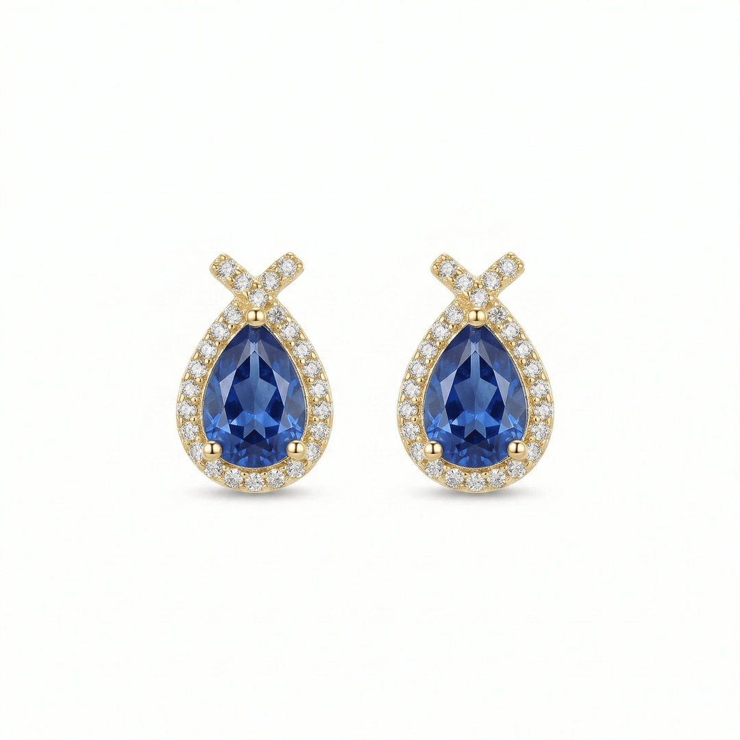 999 Pure Silver Blue Stone Stud Earrings | Teardrop Designer Silver Jewellery