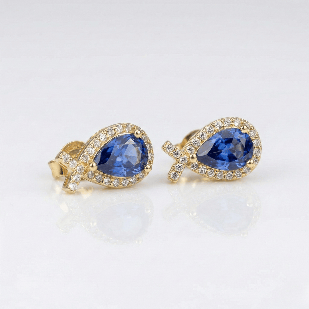 999 Pure Silver Blue Stone Stud Earrings | Teardrop Designer Silver Jewellery
