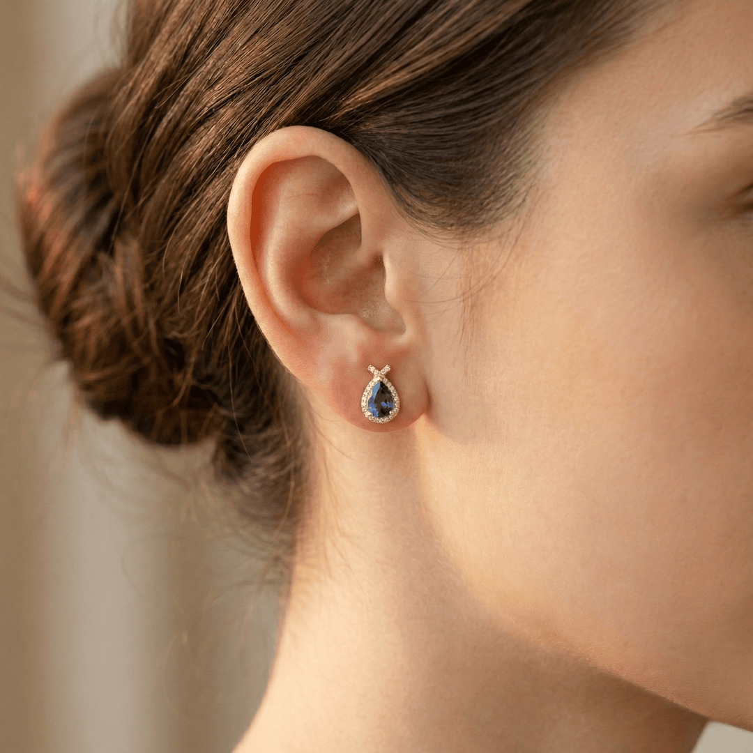 999 Pure Silver Blue Stone Stud Earrings | Teardrop Designer Silver Jewellery