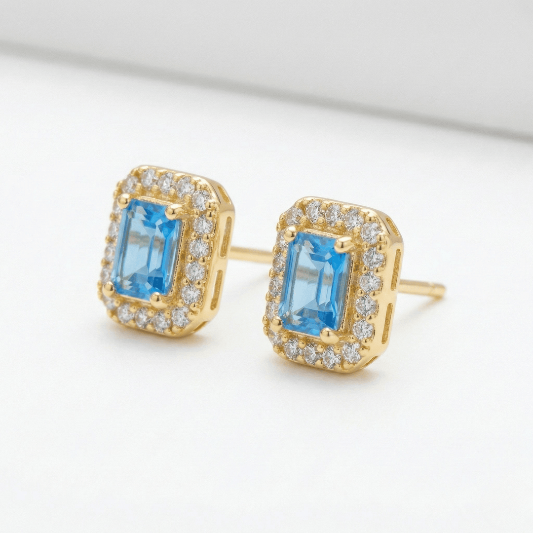 999 Pure Silver Blue Stone Stud Earrings | Rectangular Designer Silver Jewellery