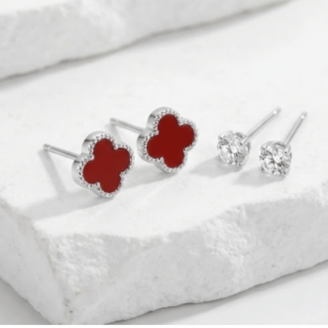 999 Pure Silver Clover Stud Earrings Set | Red, Green & Solitaire Combo
