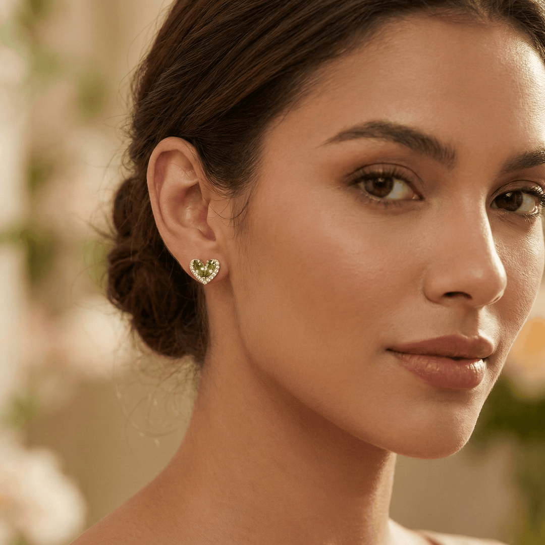 999 Pure Silver Heart Stud Earrings | Green Stone Designer Silver Jewellery