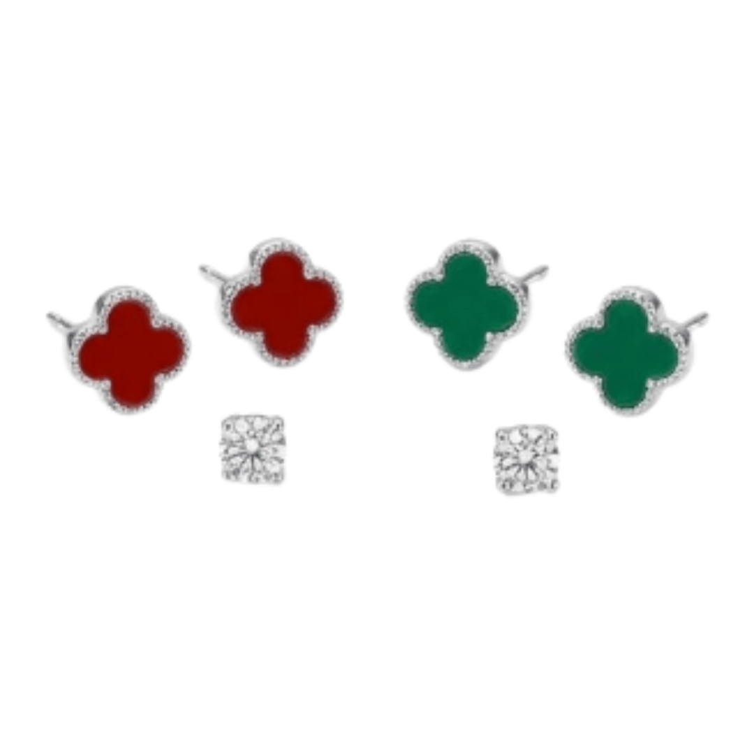 999 Pure Silver Clover Stud Earrings Set | Red, Green & Solitaire Combo