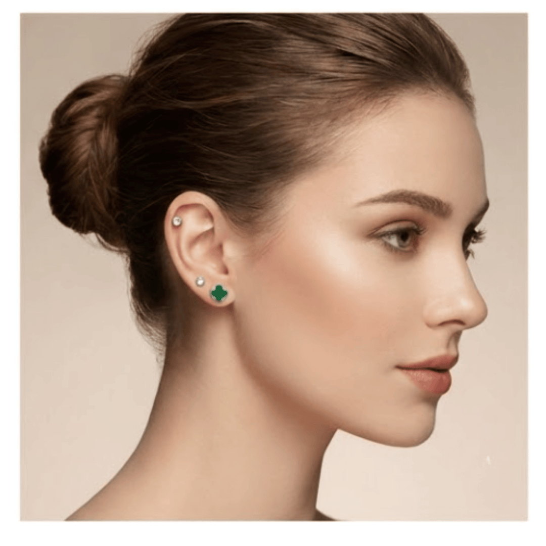 999 Pure Silver Clover Stud Earrings Set | Red, Green & Solitaire Combo