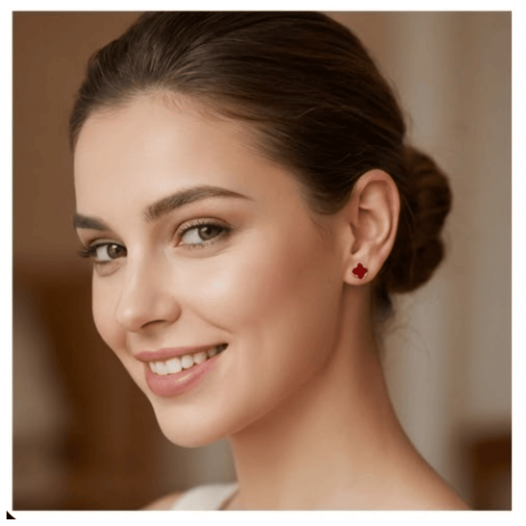 999 Pure Silver Clover Stud Earrings Set | Red, Green & Solitaire Combo