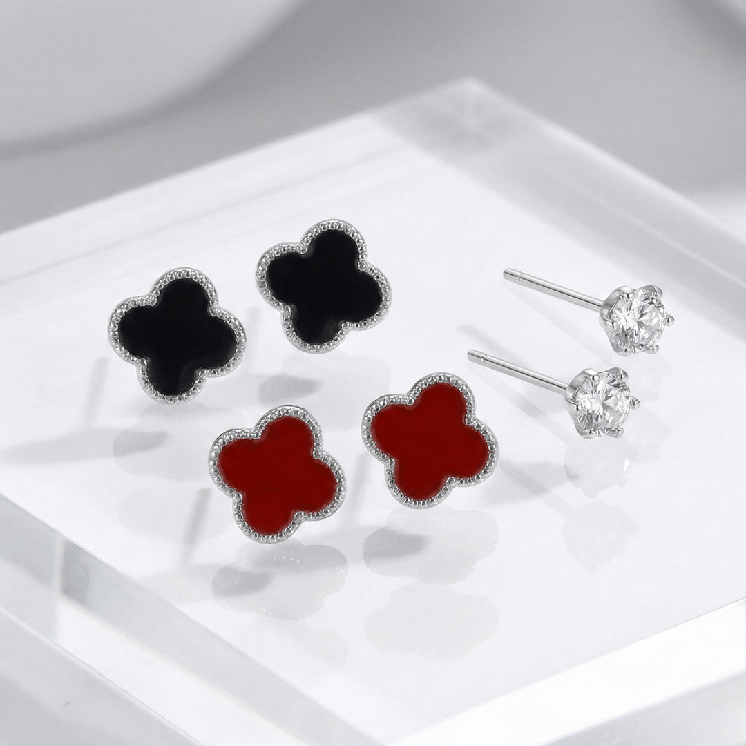 999 Pure Silver Stud Earrings Set | Clover & Solitaire Silver Jewellery