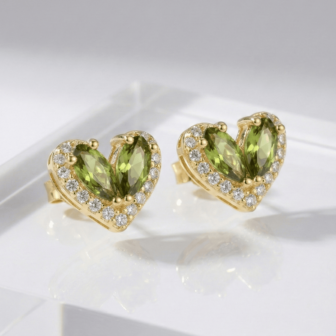 999 Pure Silver Heart Stud Earrings | Green Stone Designer Silver Jewellery