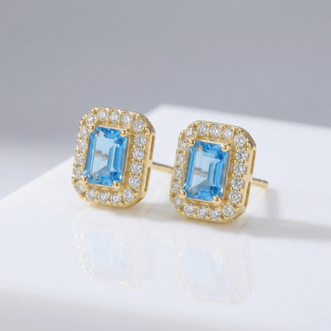 999 Pure Silver Blue Stone Stud Earrings | Rectangular Designer Silver Jewellery
