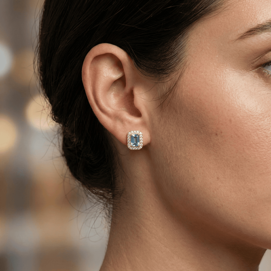 999 Pure Silver Blue Stone Stud Earrings | Rectangular Designer Silver Jewellery