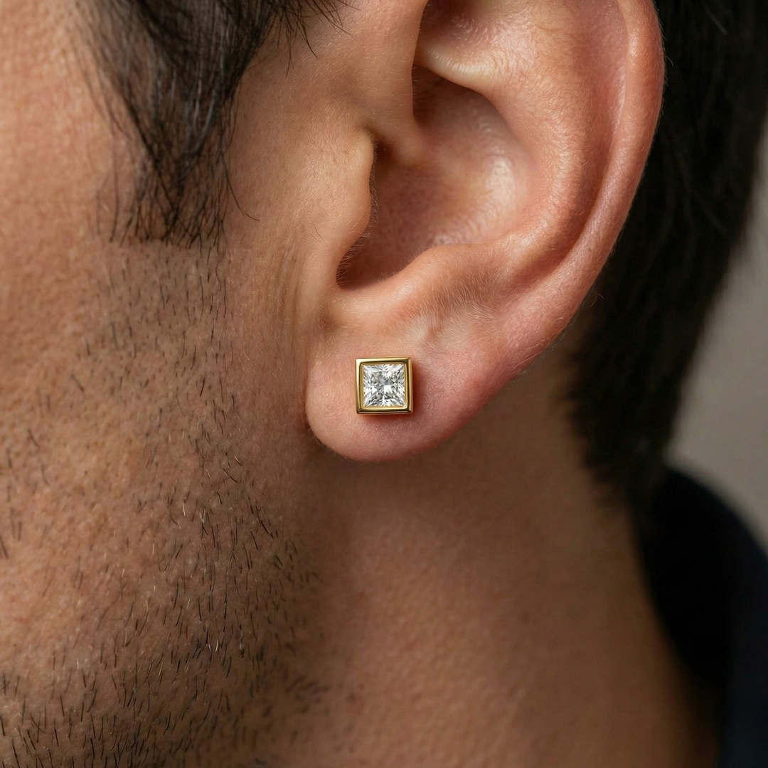 Edge Gold | 18k Gold Plated 925 Silver Bezel Set Moissanite Stud Earrings for Men