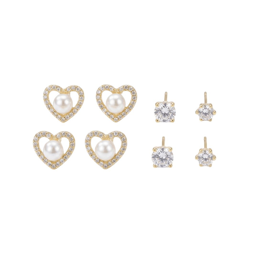 999 Pure Silver Earrings Combo Set | Heart Pearl & Solitaire Stud Collection