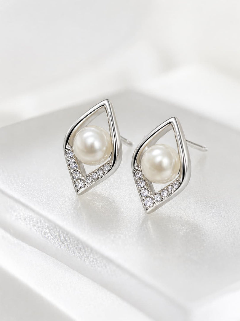 925 Sterling Silver Pearl Stud Earrings | Minimalist Zircon Leaf Design Earrings for Women