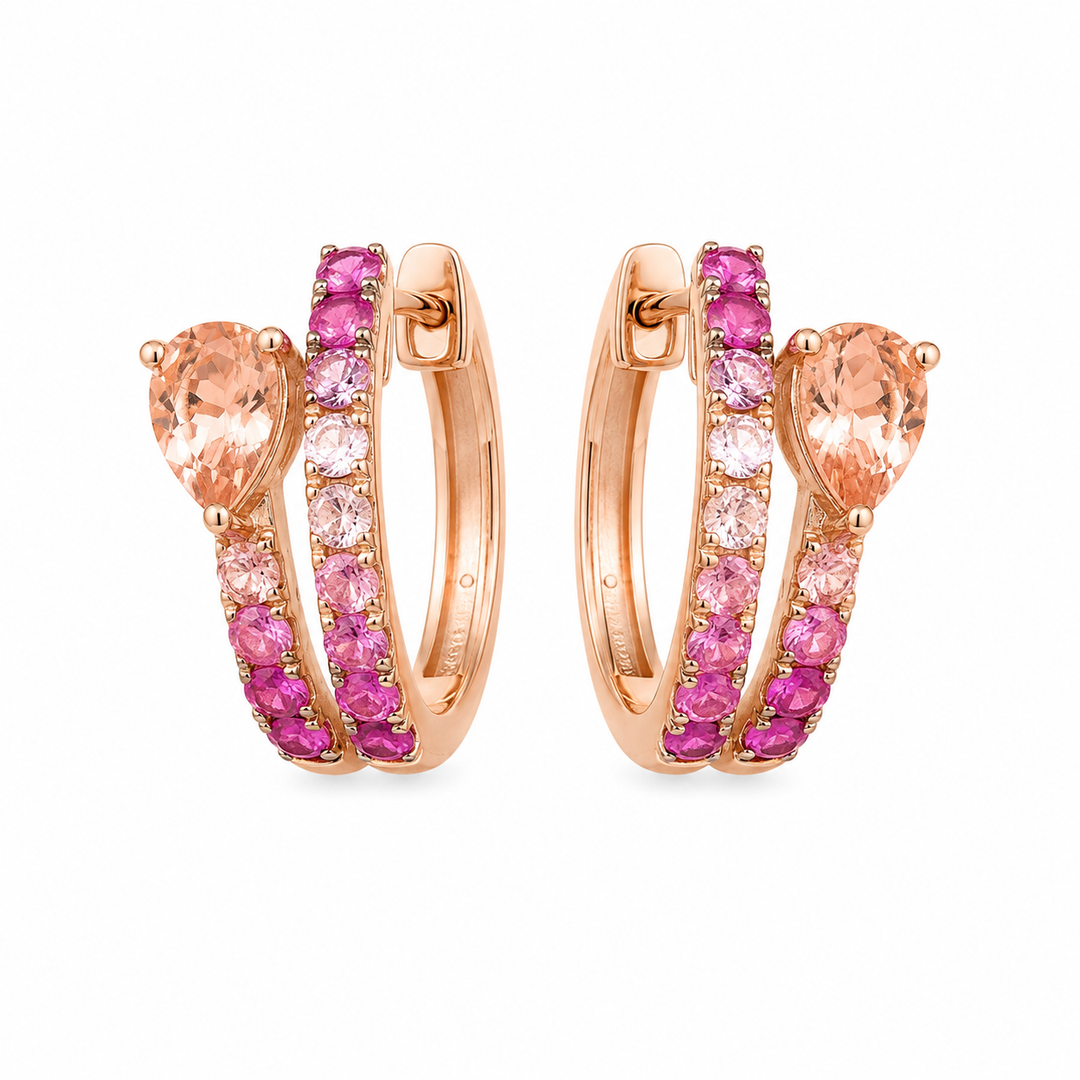 Pink Sapphire & Morganite Double Hoop Gold Earrings for Women