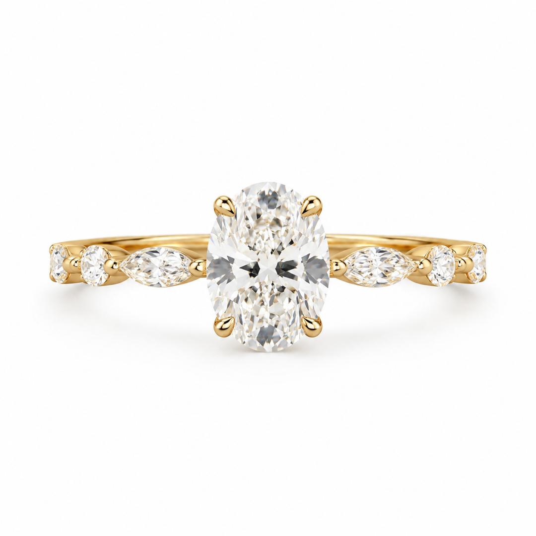 Marquise Accent Stones Oval Lab Grown Diamond Gold Solitaire Ring