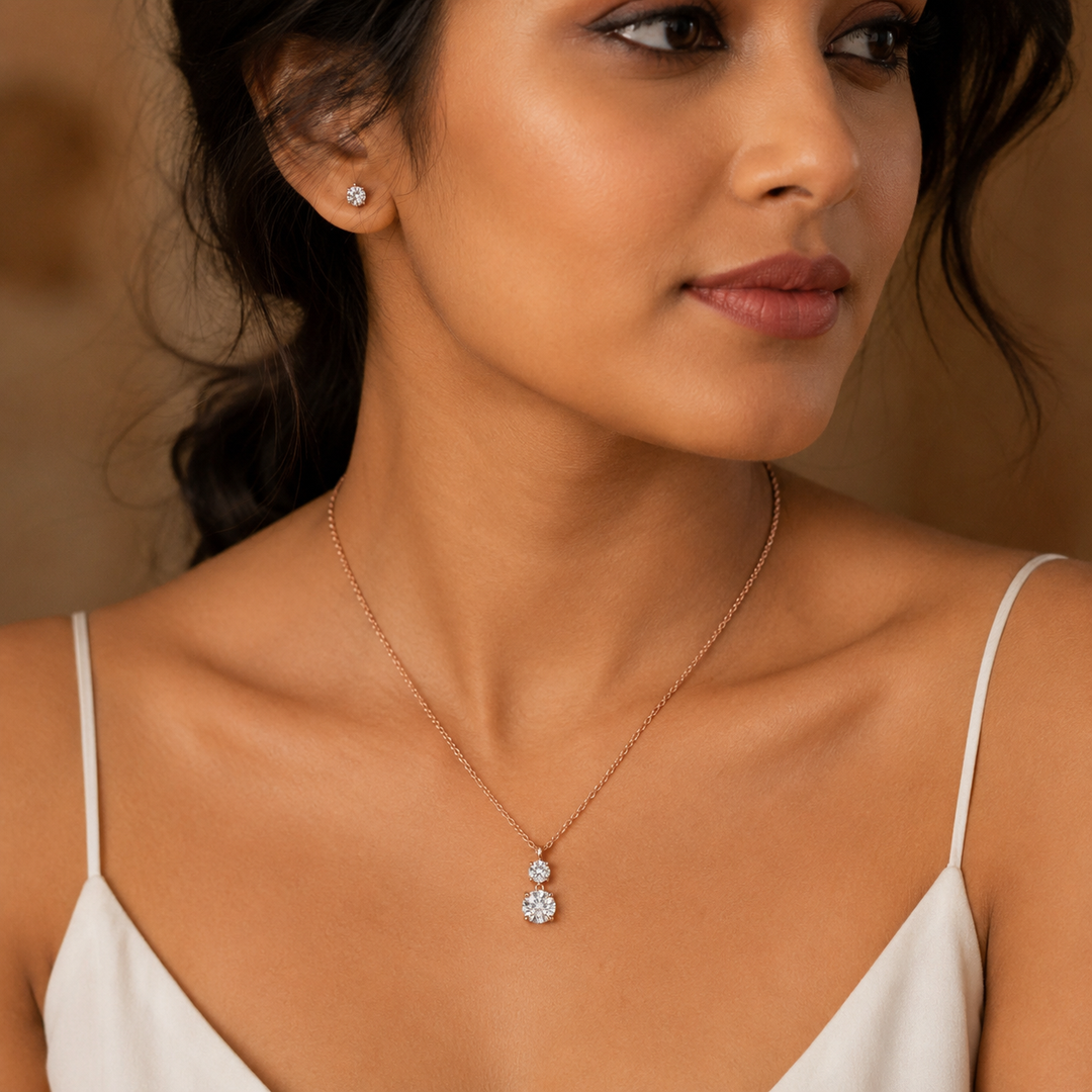 Dual Solitaire Lab Grown Diamond Pendant Necklace in Rose Gold
