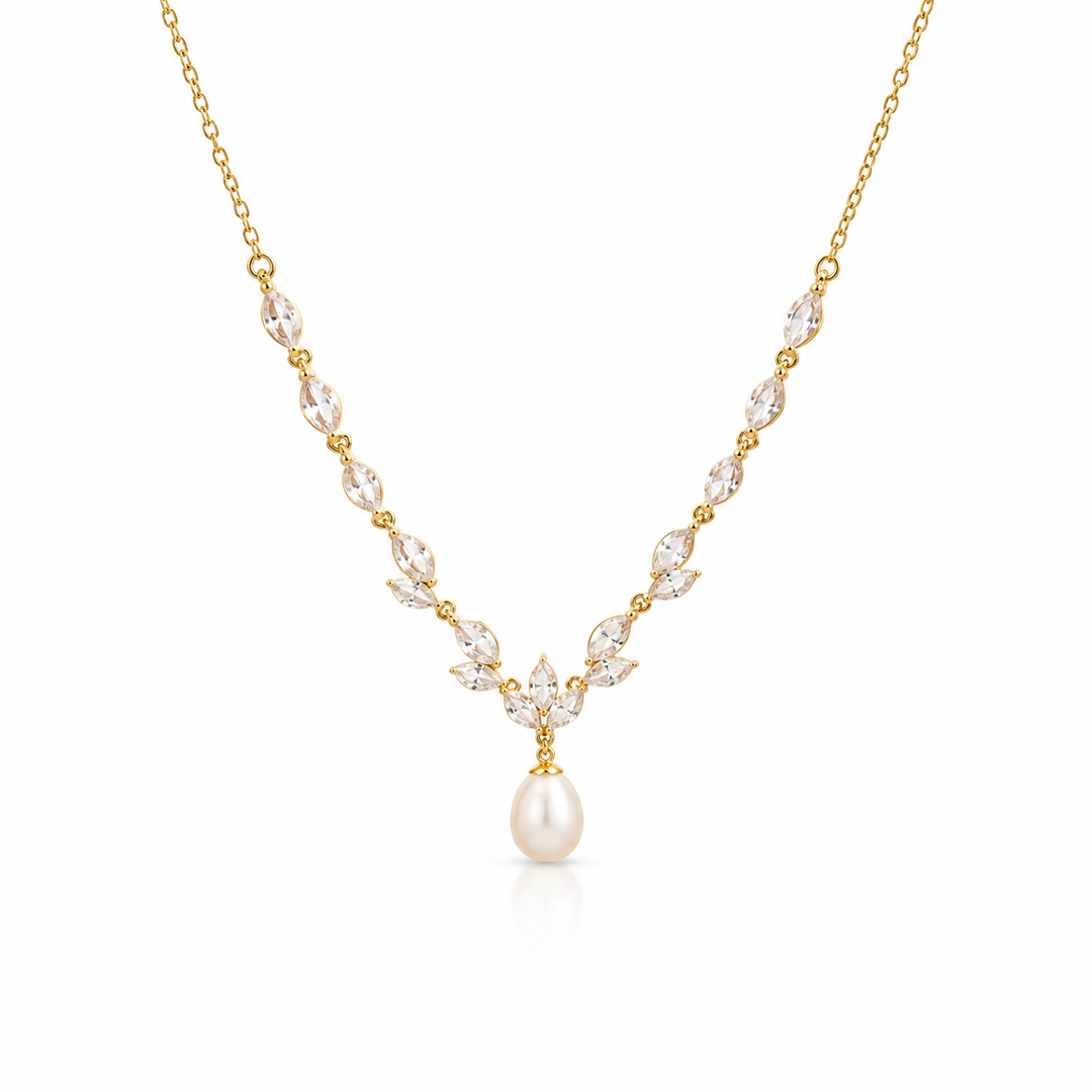 Gold Pearl Drop Necklace with Marquise Cut Crystal Accents