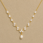 Load image into Gallery viewer, Gold Pearl Drop Necklace with Marquise Cut Crystal Accents