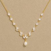 Gold Pearl Drop Necklace with Marquise Cut Crystal Accents