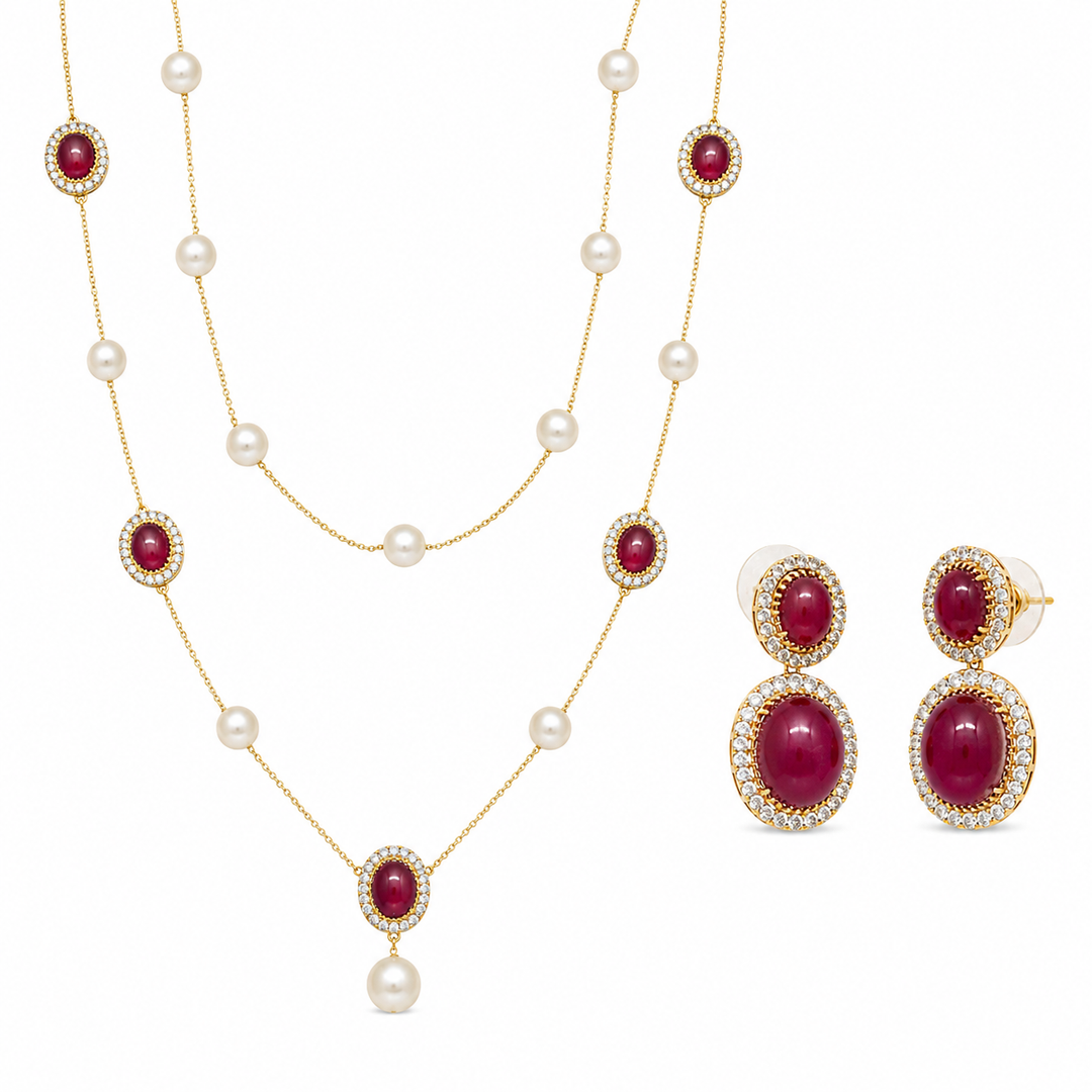 Ruby Pearl Layered Necklace Set with Matching Earrings
