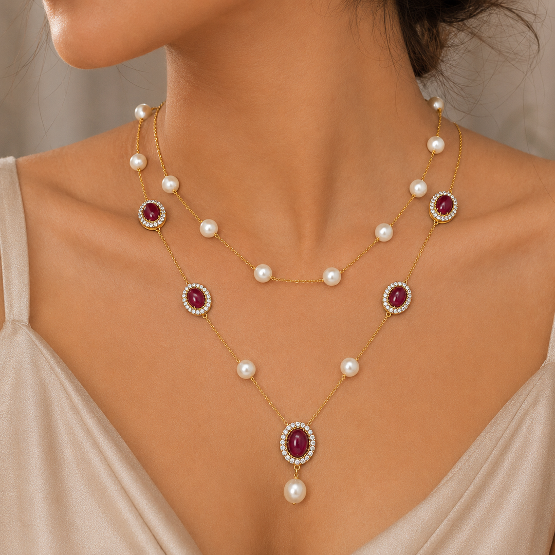 Ruby Pearl Layered Necklace Set with Matching Earrings