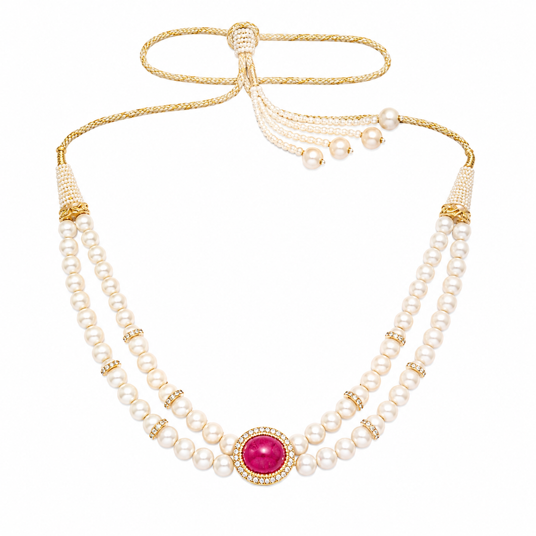 Double Strand Pearl Necklace with Ruby Center Pendant