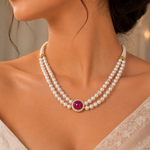 Load image into Gallery viewer, Double Strand Pearl Necklace with Ruby Center Pendant