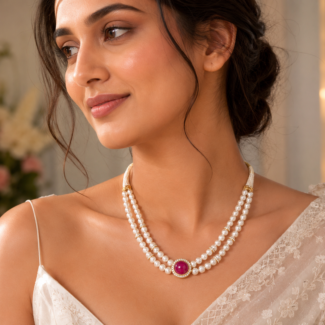 Double Strand Pearl Necklace with Ruby Center Pendant