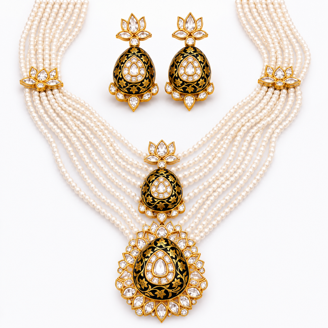 Black Meenakari Pearl Kundan Necklace Set