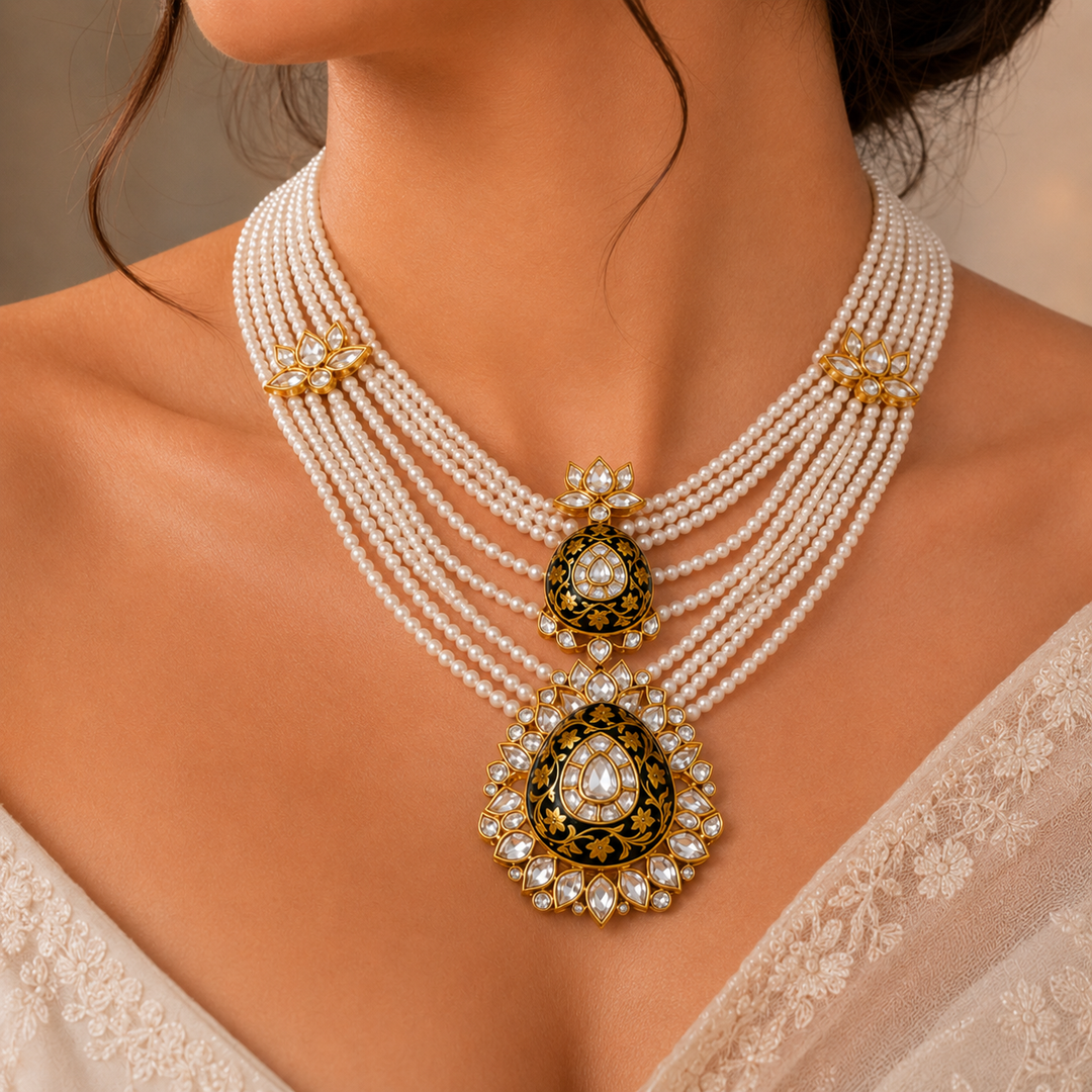 Black Meenakari Pearl Kundan Necklace Set