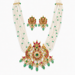 Load image into Gallery viewer, Traditional Pearl Kundan Necklace Set with Green Stone Drops