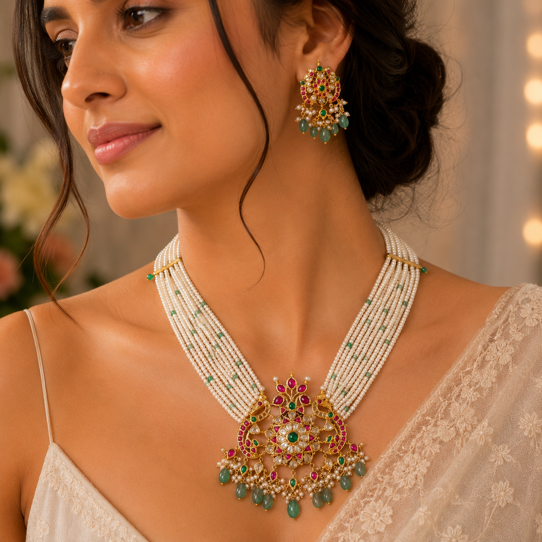 Traditional Pearl Kundan Necklace Set with Green Stone Drops