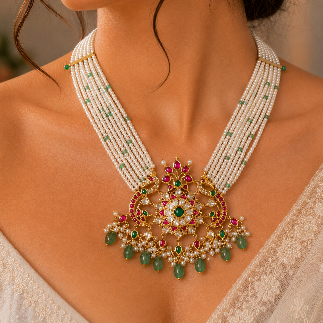 Traditional Pearl Kundan Necklace Set with Green Stone Drops