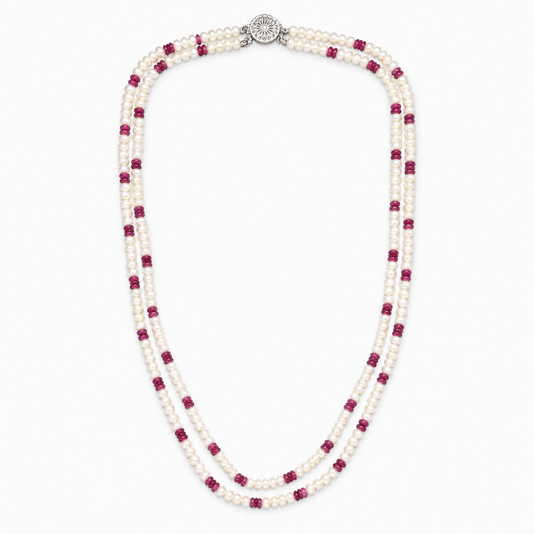 Double Strand Pearl & Ruby Beaded Necklace for Women