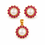 Load image into Gallery viewer, Ruby Pearl Gold Pendant Set with Stud Earrings