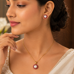 Load image into Gallery viewer, Ruby Pearl Gold Pendant Set with Stud Earrings