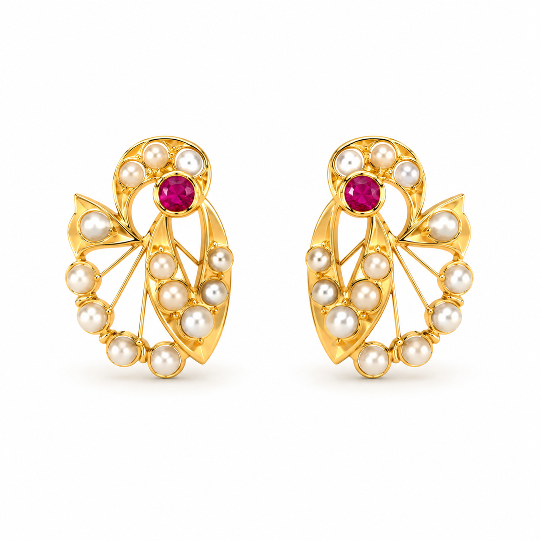 Ruby & Pearl Designer Gold Stud Earrings