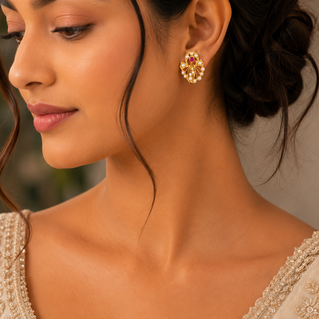 Ruby & Pearl Designer Gold Stud Earrings