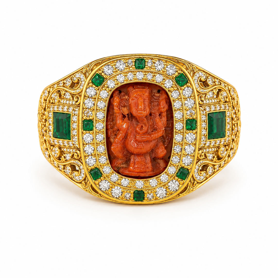 Shree Ganesh Gold Ring for Men with Emerald & Diamond Accents