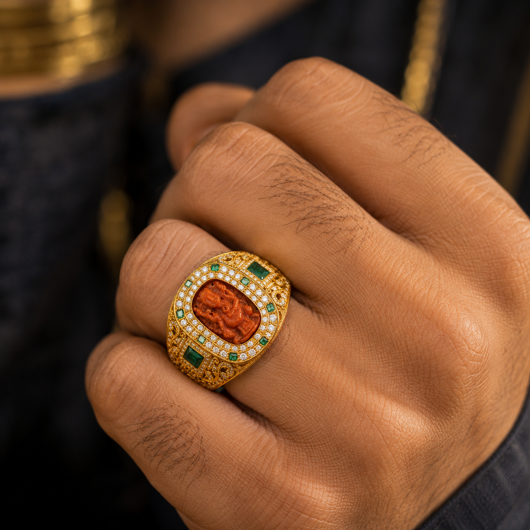 Shree Ganesh Gold Ring for Men with Emerald & Diamond Accents