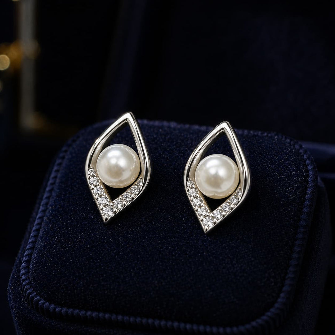925 Sterling Silver Pearl Stud Earrings | Minimalist Zircon Leaf Design Earrings for Women