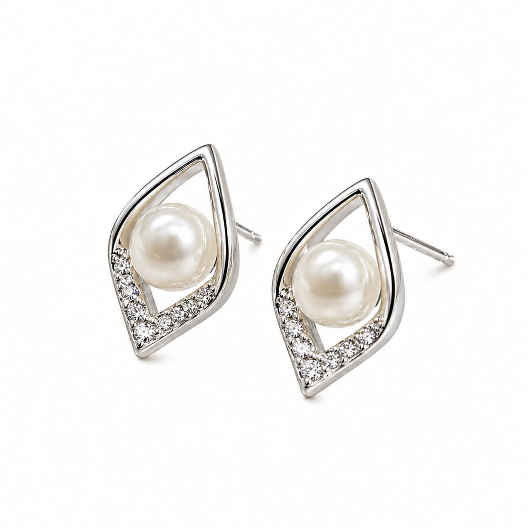 925 Sterling Silver Pearl Stud Earrings | Minimalist Zircon Leaf Design Earrings for Women