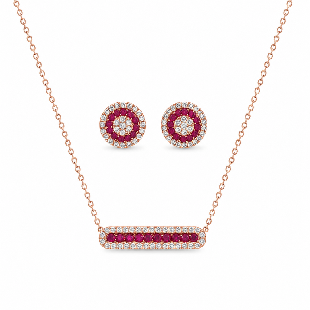 Rose Gold Pink Stone Necklace & Earrings Set for Women – Elegant Luxury Jewellery