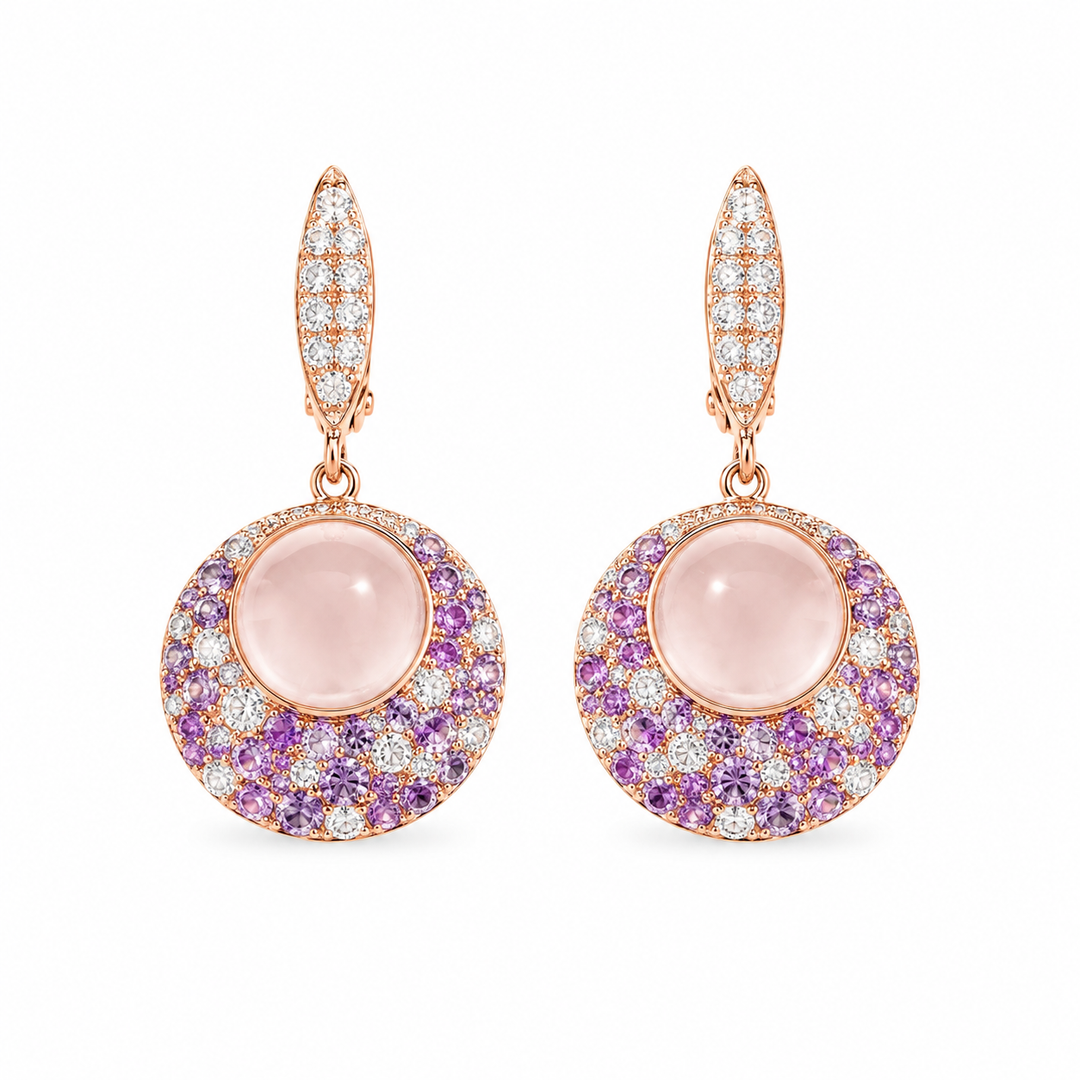 Pink Sapphire & Rose Quartz Diamond Gold Drop Earrings for Women
